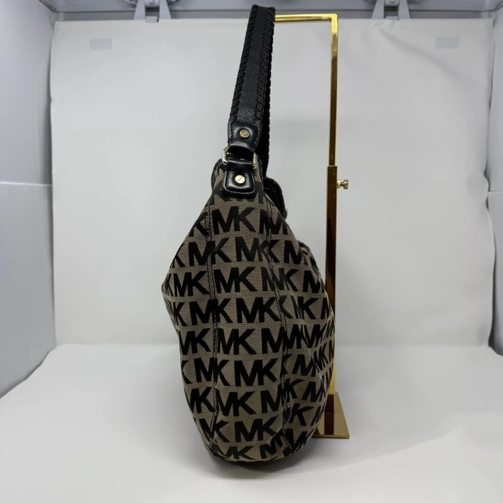 Michael Kors MK Logo Jacquard Hobo Shoulder Bag Black Tan Tassel Charm